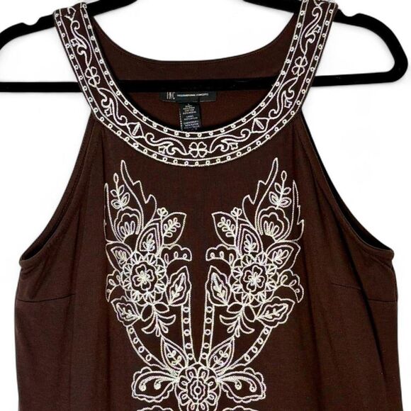 y2K VTG I.N.C. Brown White Contrast Embroidered Boho Midi Dress size L - Picture 2 of 8